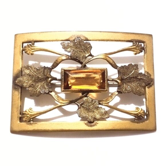George L Paine Antique Gold Tone Glass Accented Leaf Design Sash Pin - Picture 1 of 6